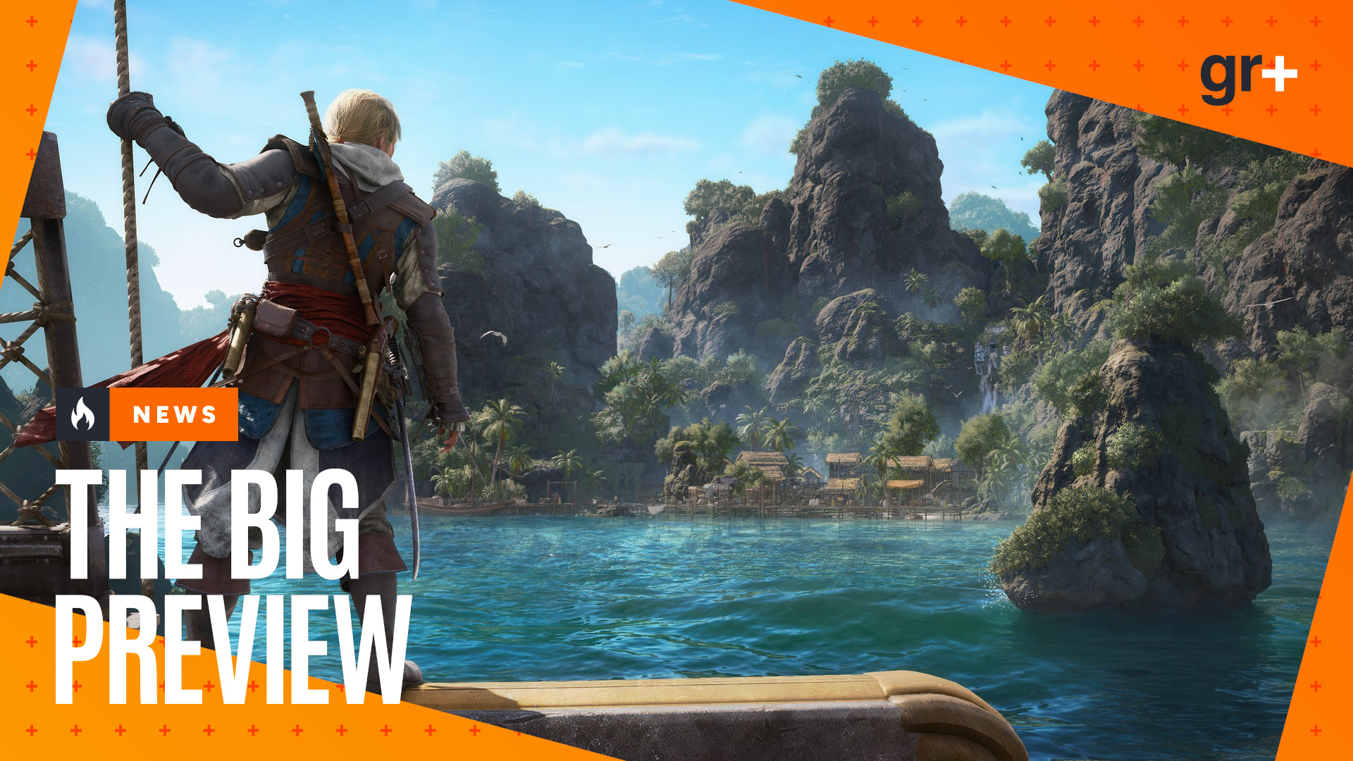 Edward Kenway stands on the edge of the Jackdaw, holding a rope, as he looks out across the water in Assassin's Creed Black Flag Resynced, with an orange GamesRadar+ Big Preview frame