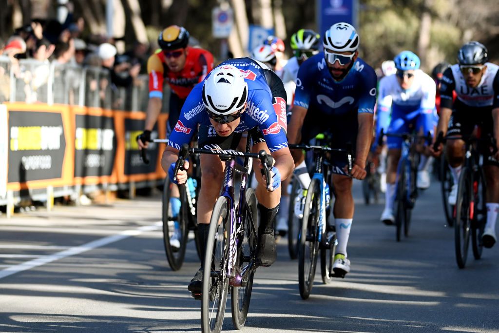 FOLLONICA ITALY MARCH 07 Jasper Philipsen of Belgium and Team AlpecinDeceuninck crosses the finish line on second place during the 58th TirrenoAdriatico 2023 Stage 2 a 210km stage from Camaiore to Follonica TirrenoAdriatico on March 07 2023 in Follonica Italy Photo by Tim de WaeleGetty Images
