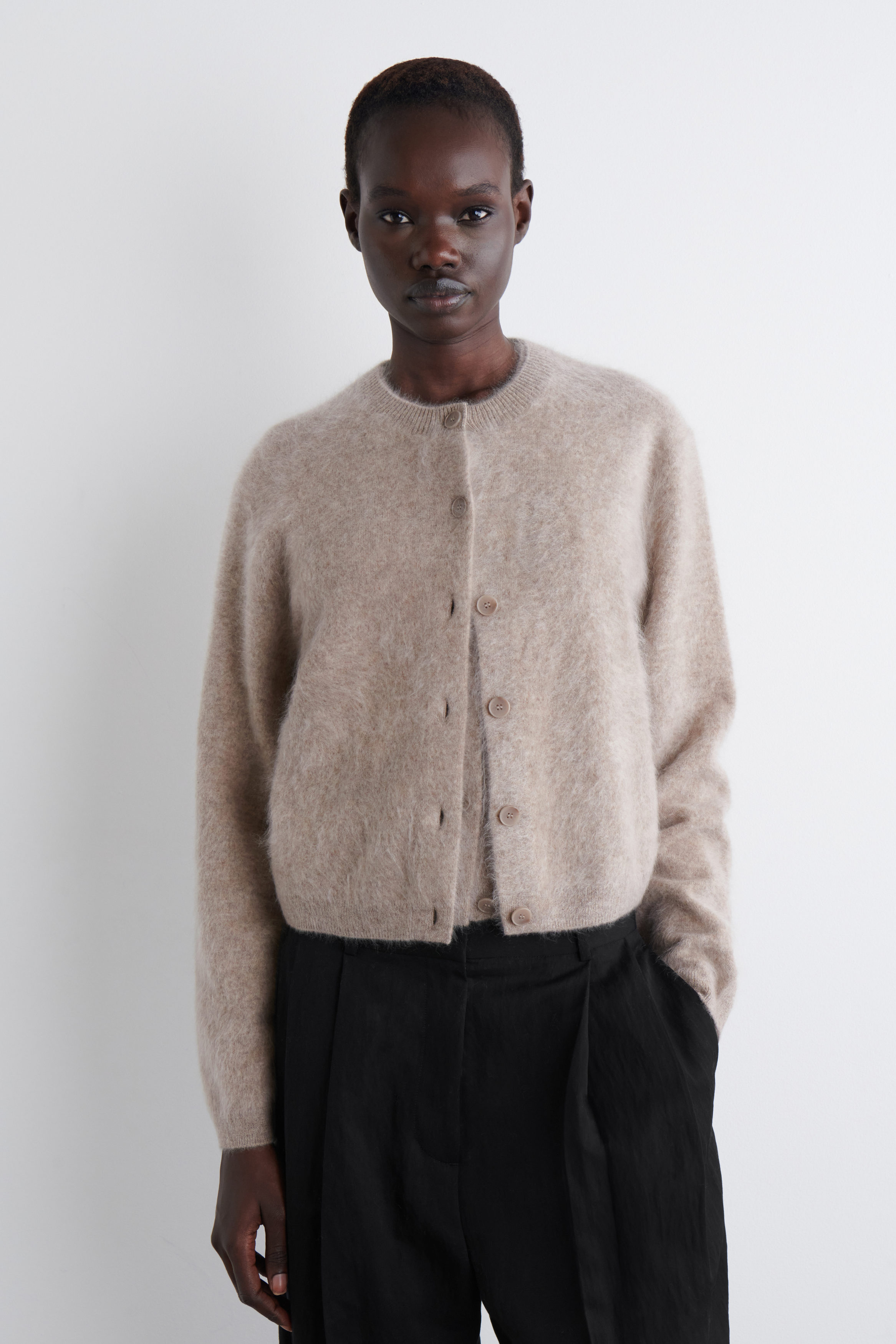 Brushed-Cashmere Crew-Neck Cardigan