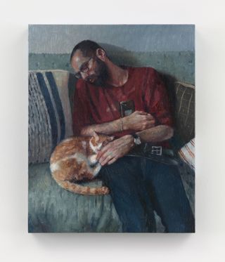 painting of man on sofa with cat