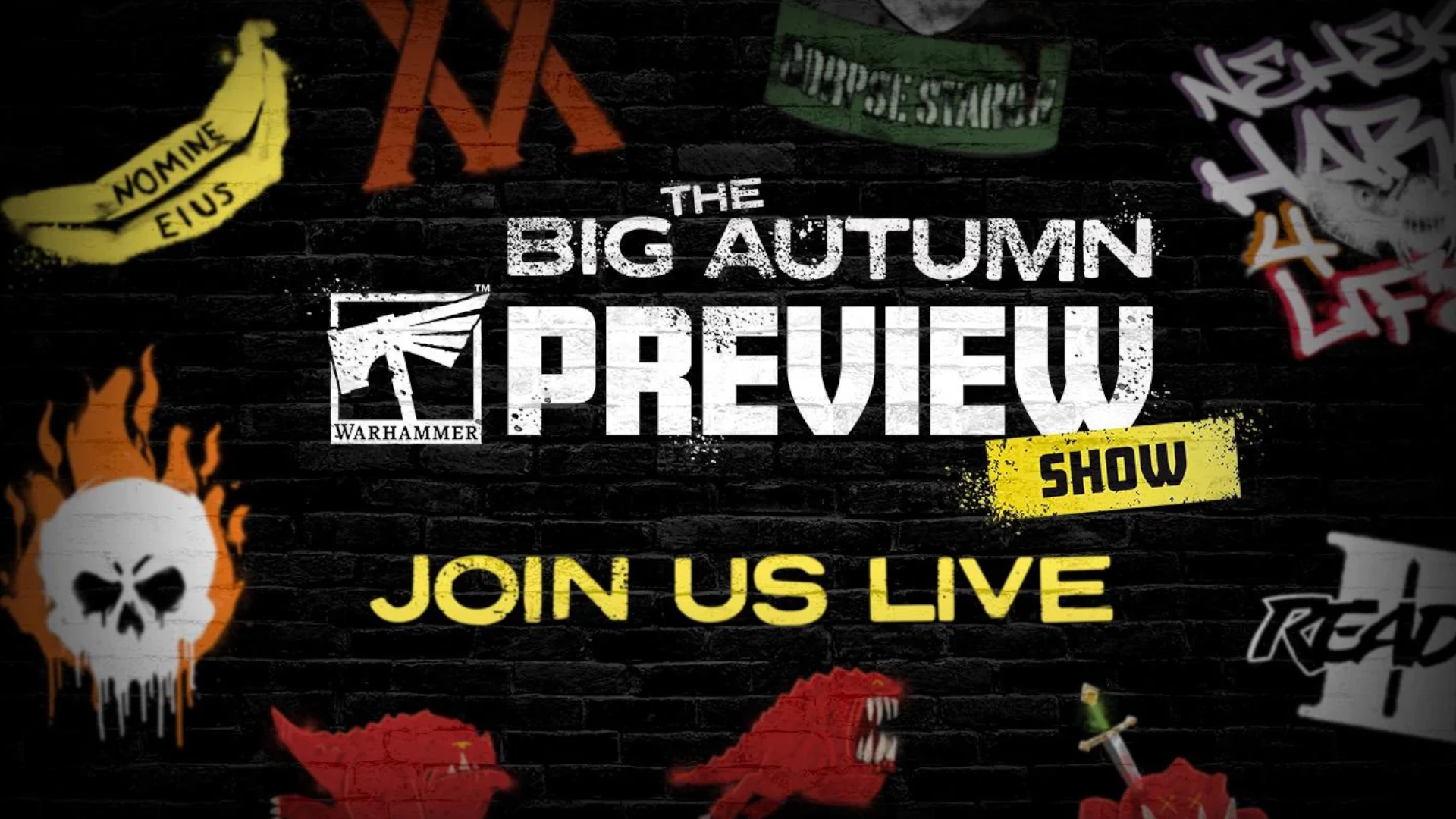 Warhammer Big Autumn Preview logo surrounded by spray painted icons