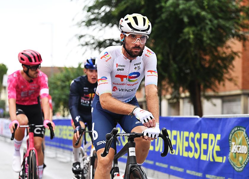 PONTEDERA, ITALY - SEPTEMBER 10: Pierre Latour of France and Team TotalEnergies prior to the 97th Giro della Toscana - Memorial Alfredo Martini 2025 a 189.4km one day race from Pontedera to Pontedera / #UCIWT / on September 10, 2025 in Pontedera, Italy. (Photo by Luc Claessen/Getty Images)
