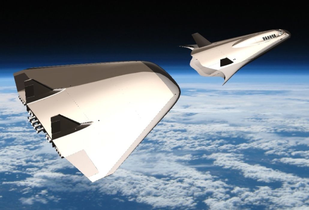 An artist&#039;s depiction of the Exodus Space Corp.&#039;s AstroClipper space plane separating after launch.