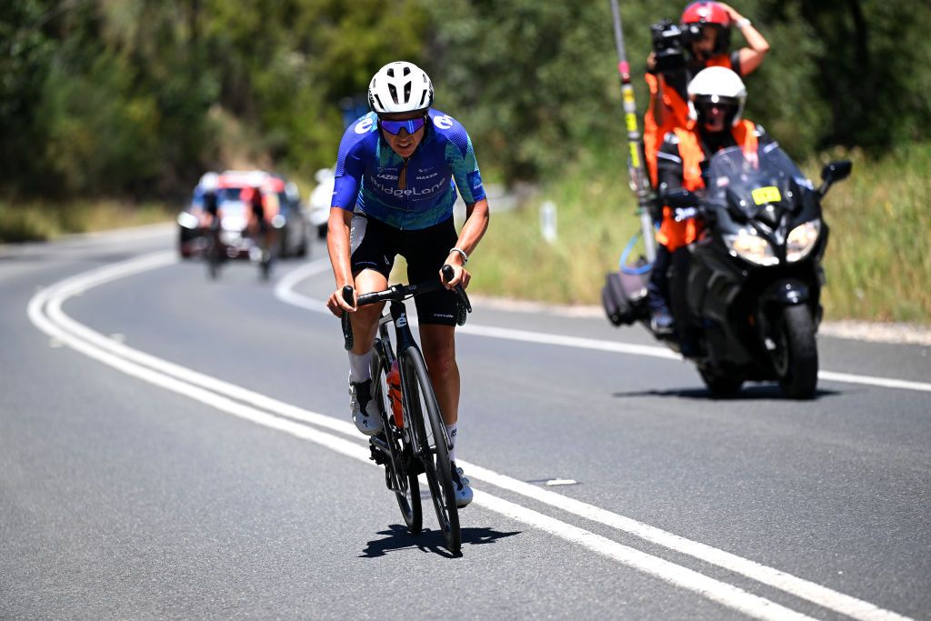 Matilda Raynolds (Team BridgeLane) on the charge during stage 1 of the Women&#039;s Tour Down Under 2024