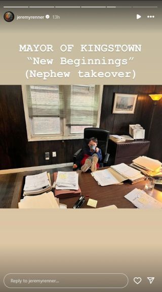 Jeremy Renner's nephew sitting with his feet on a desk drinking out of a coffee cup on the set of Mayor of Kingstown. Caption says: Mayor of Kingstown "new Beginnings" (Newphew takeover).