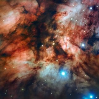 Thick clouds of interstellar dust and gas permeate the star forming region RCW 36, also known as Gum 20, in this deep-space image from the European Southern Observatory's Very Large Telescope (VLT) in Chile. Located about 2,300 light-years away from Earth in the constellation of Vela, the Sails, RCW 36 is part of a much larger star formation complex, known as the Vela Molecular Ridge. Astronomers used an instrument on VLT called the Focal Reducer and low dispersion Spectrograph (FORS) to capture this image of RCW 36, which is in some parts so thick with dust and gas that background light cannot pass through. These dark regions are the richest with star formation.
