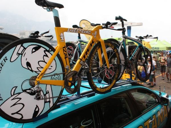Half of the Astana team is still using Trek's Equinox TTX SSL time trial frame but Armstrong actually has two of these new Speed Concept bikes at his disposal.