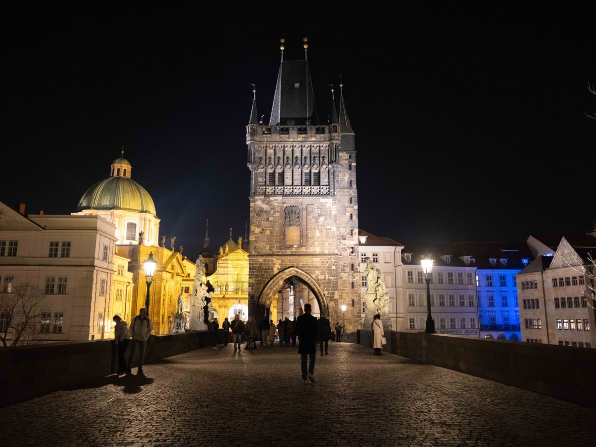 Charles Bridge in Prague lit up at night