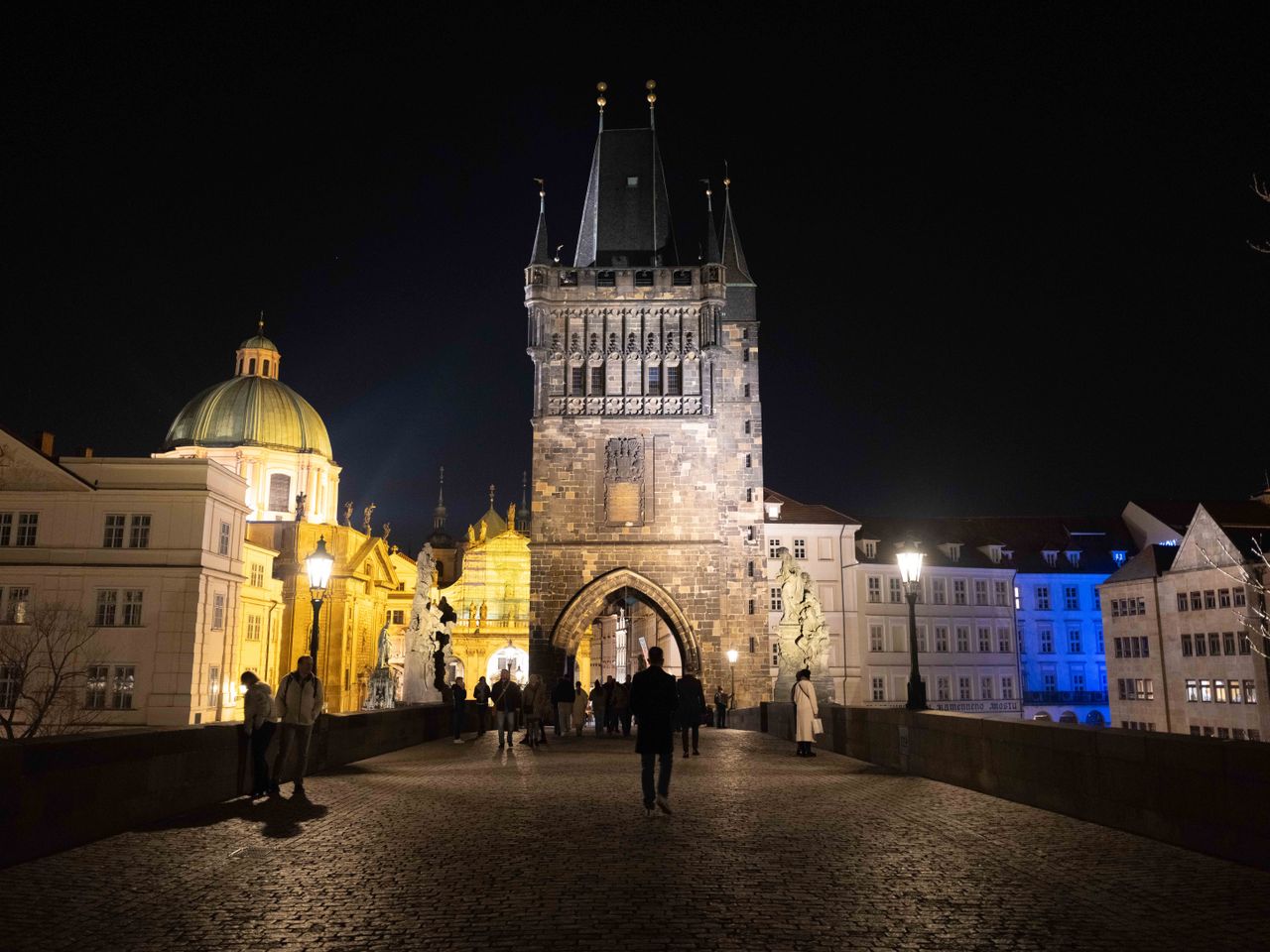 Charles Bridge in Prague lit up at night