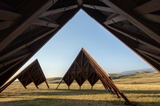 View from inside the wooden pavilion