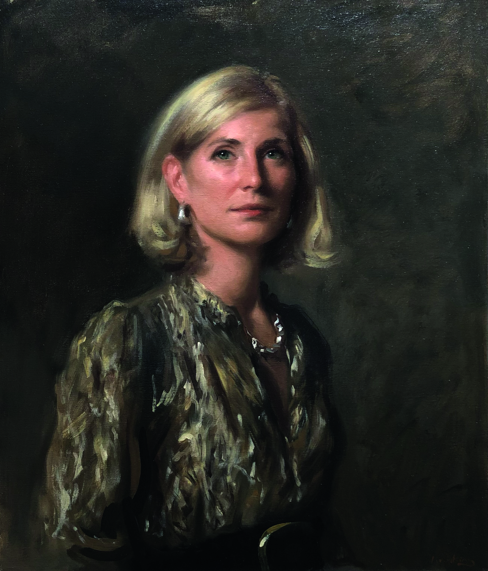 A portrait of a young woman with white hair