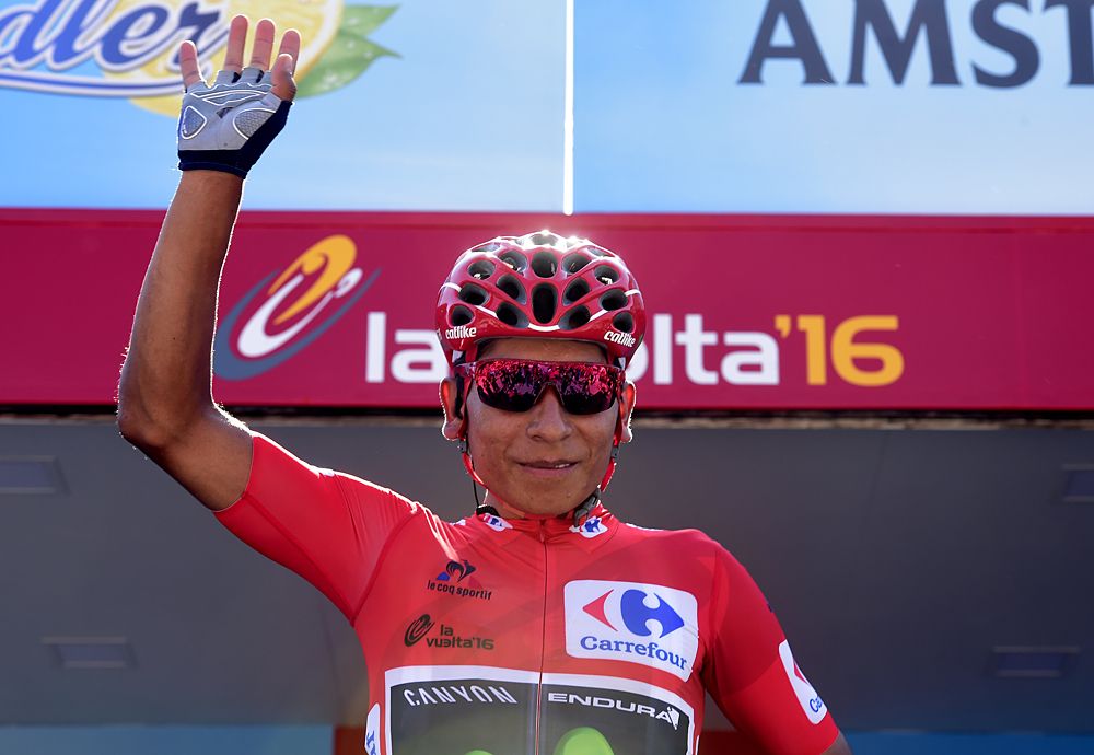 Overall leader Nairo Quintana (Movistar) waves to the crowd at the start of stage 12 at the Vuelta a Espana