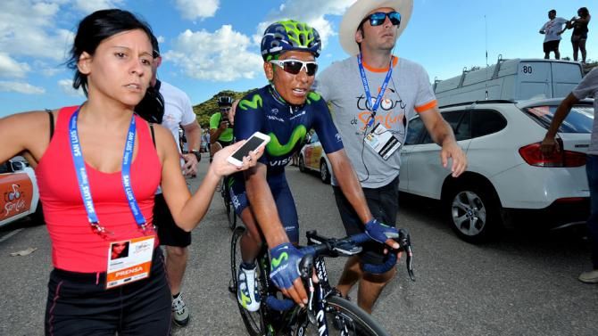 Nairo Quintana talks to the press after the stage