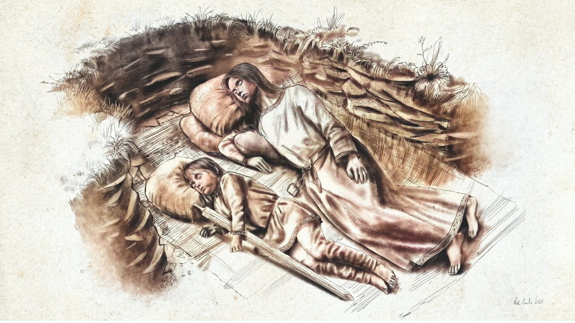 an artist's sketch of a teenage girl and her younger brother in an Anglo-Saxon burial