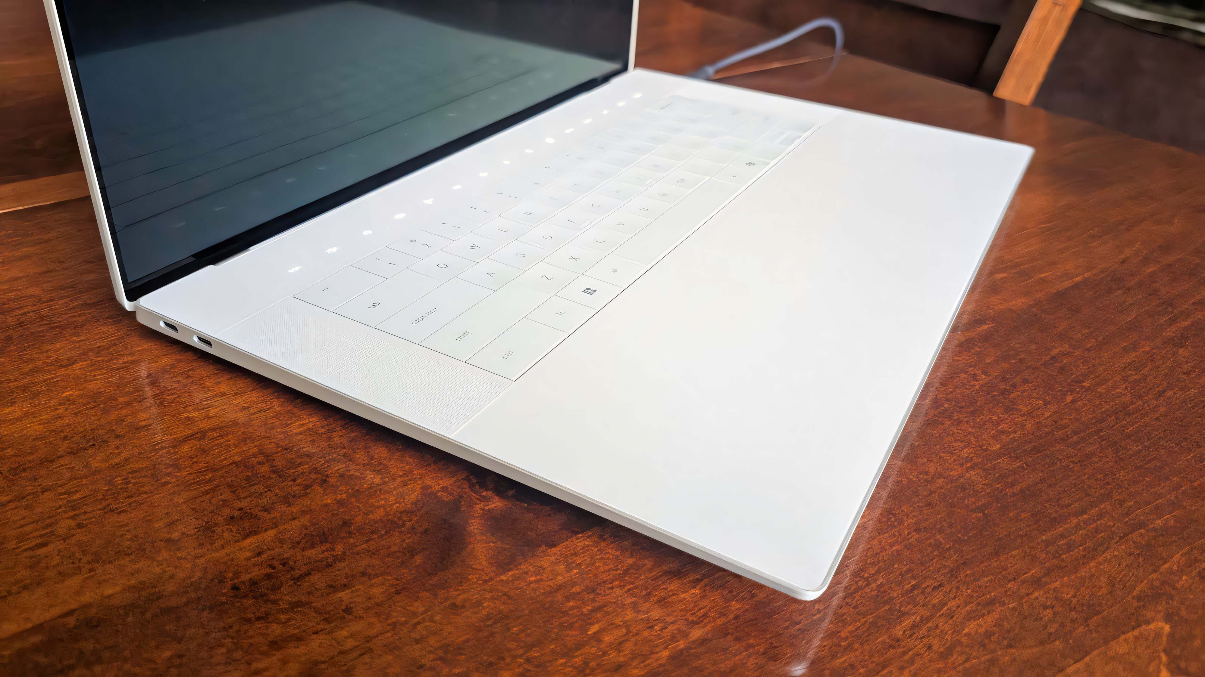 A shot that focuses on the Dell 16 Premium's slim chassis.