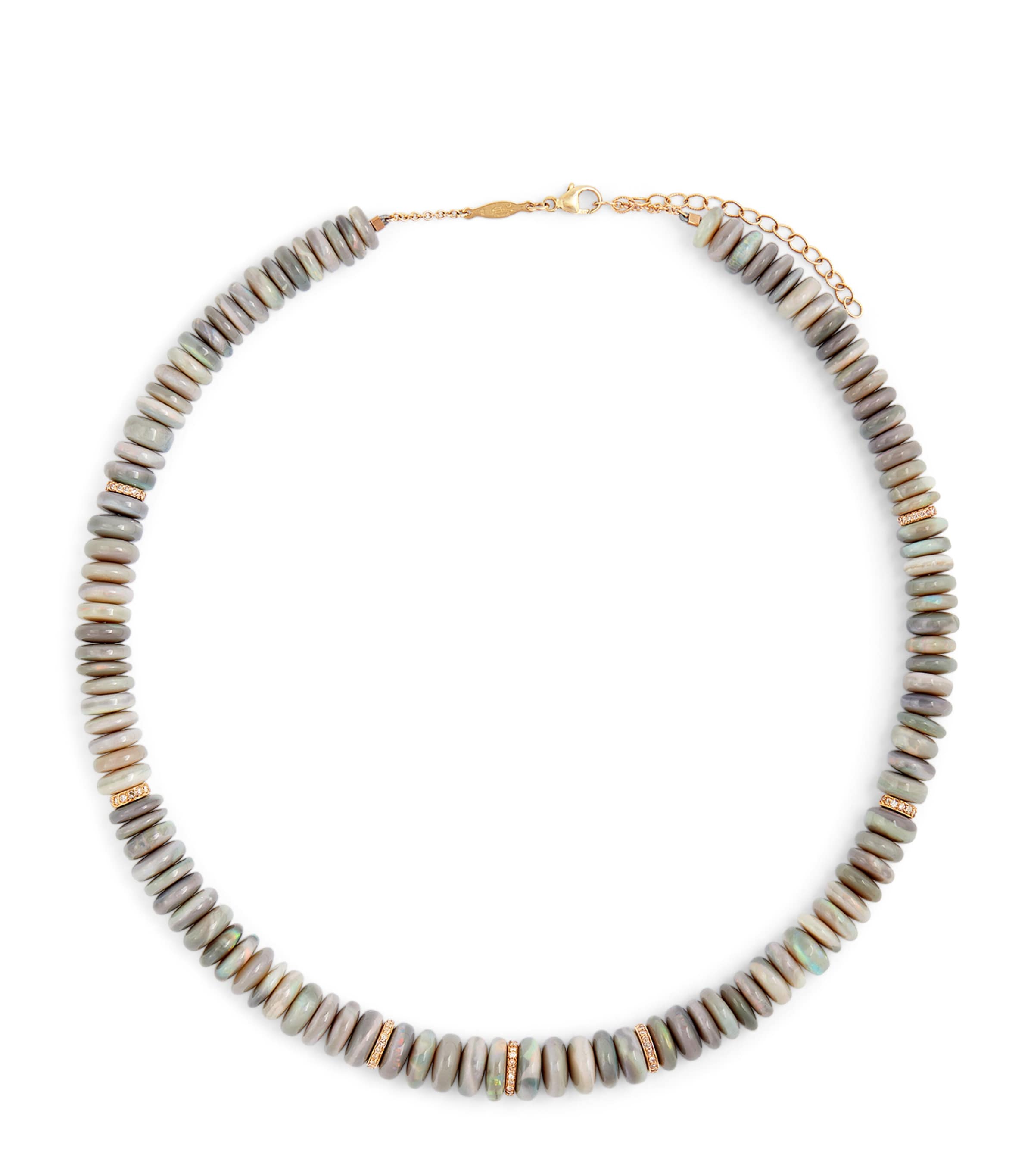 Yellow Gold, Diamond and Opal Graduated Beaded Necklace