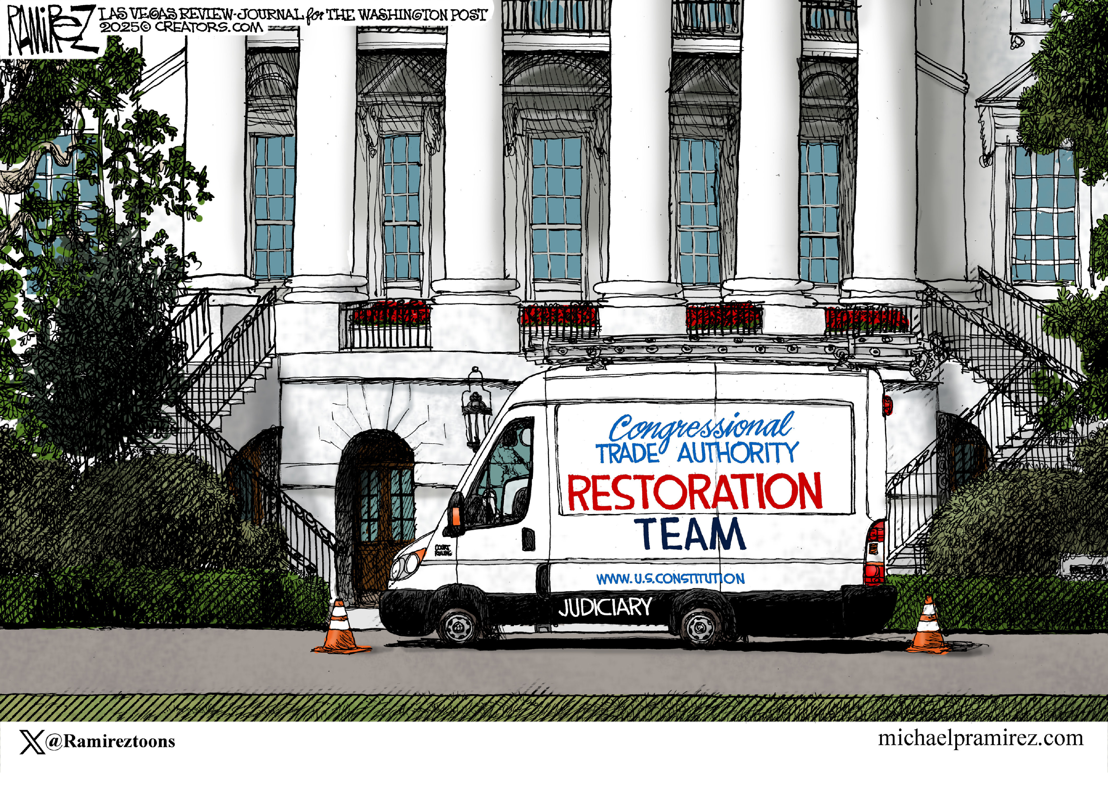 This political cartoon is set outside the White House. A white construction van is parked between two orange cones, as if it is at the White House to do work. The van has "Congressional Trade Authority Restoration Team" written on its side, along with "Judiciary" and a website address "WWW.U.S.CONSTITUTION."