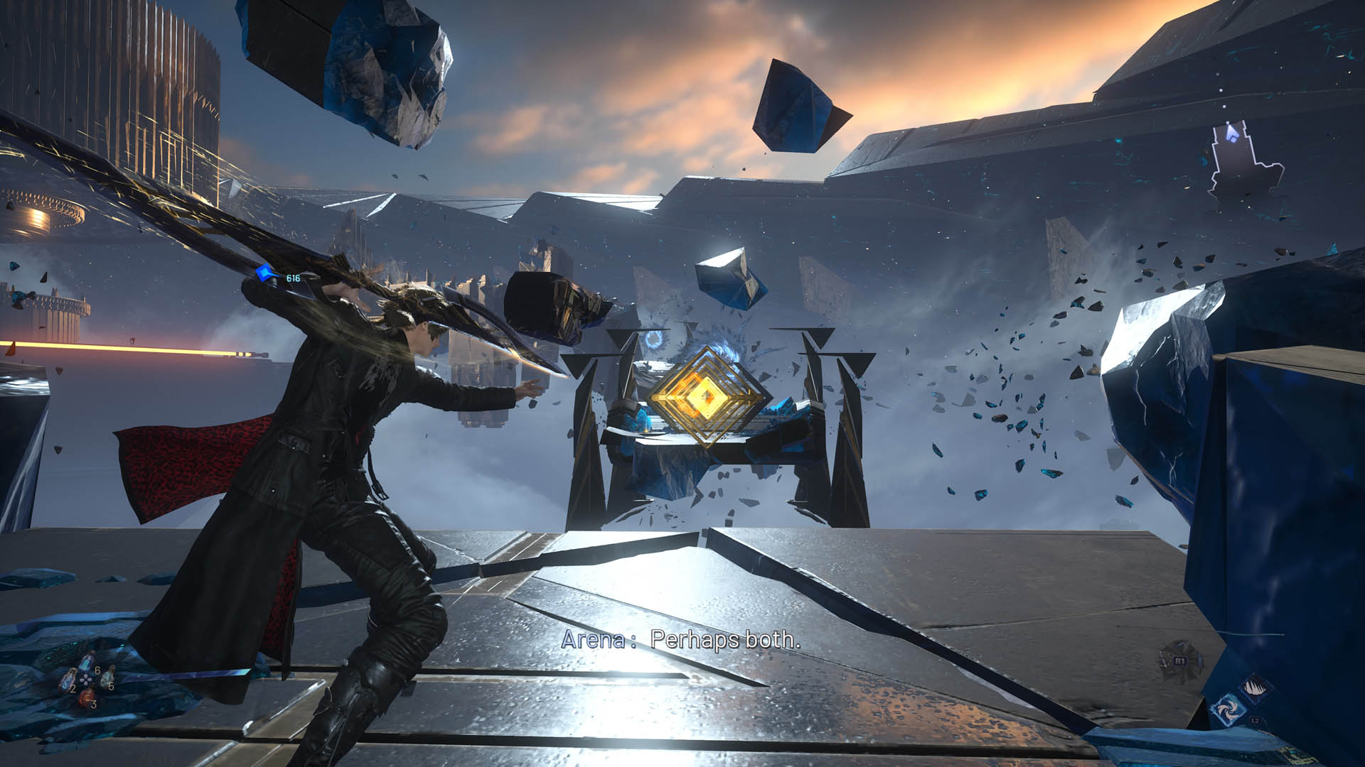 Kaser aims a spear strike at a switch in Lost Soul Aside within a sci-fi Alternate Dimension space