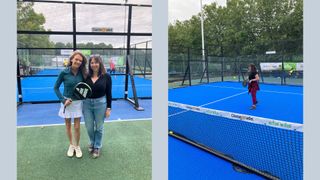 Susan Griffin playing padel for beginners in one picture on court, next to image of Susan with tennis player Annabel Croft