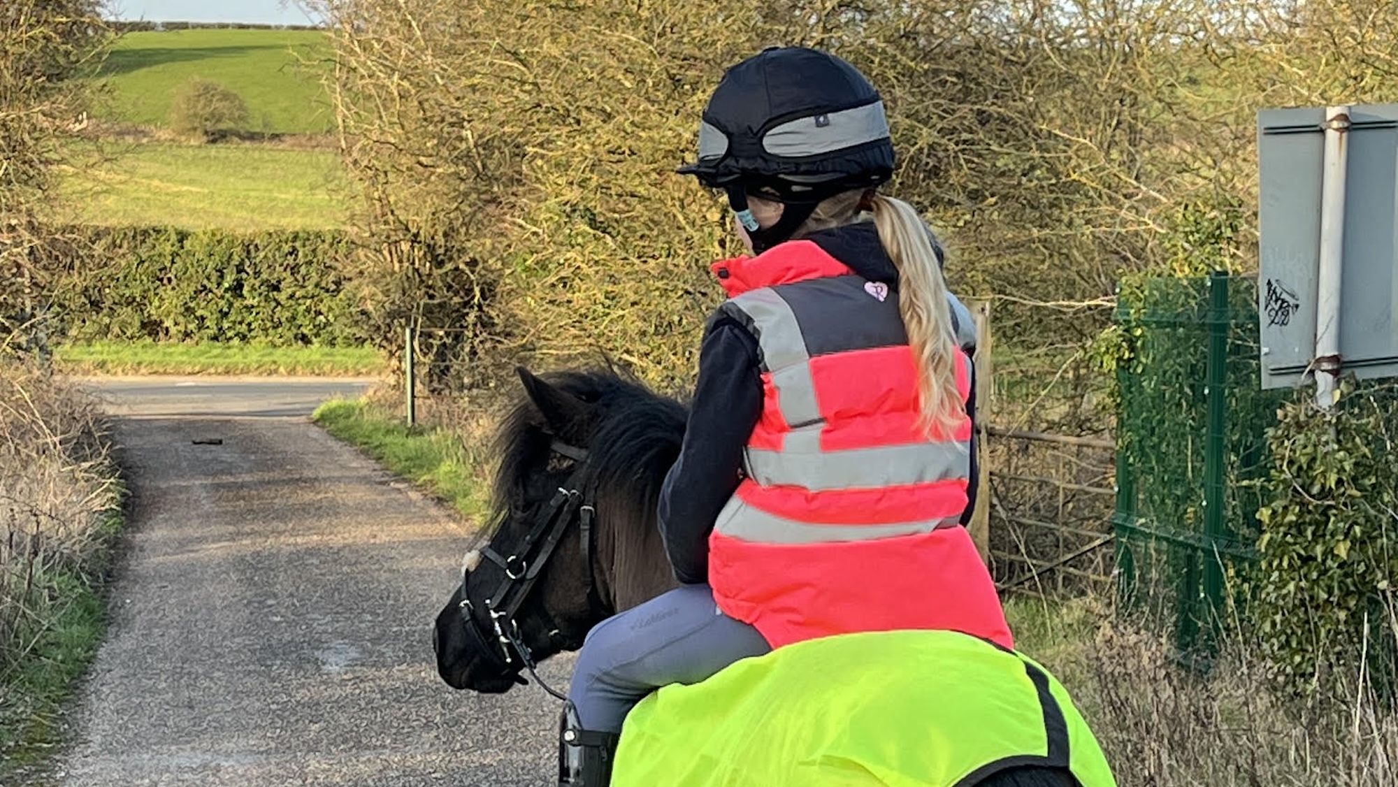 A young rider in high-vis on the road with a bay pony