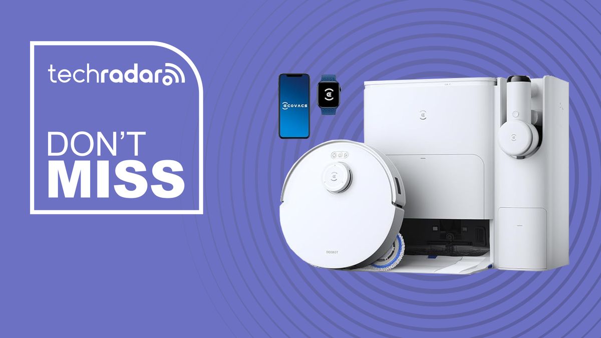 A white Ecovacs DEEBOT T30S Combo sits with the robot vacuum leaning against the front of the dock. A mobile phone and smart watch are hovering slightly above and to the left to show that the product has smart features.