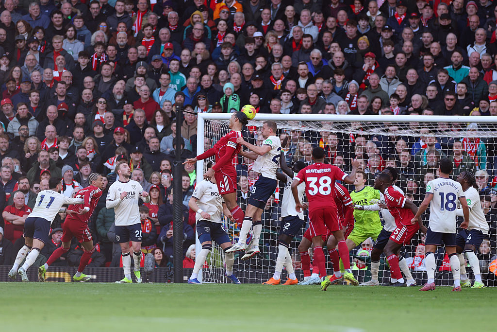 Virgil van Dijk of Liverpool heads the ball during the Premier League match between Liverpool and West Ham United at Anfield on February 28, 2026 in Liverpool, England.