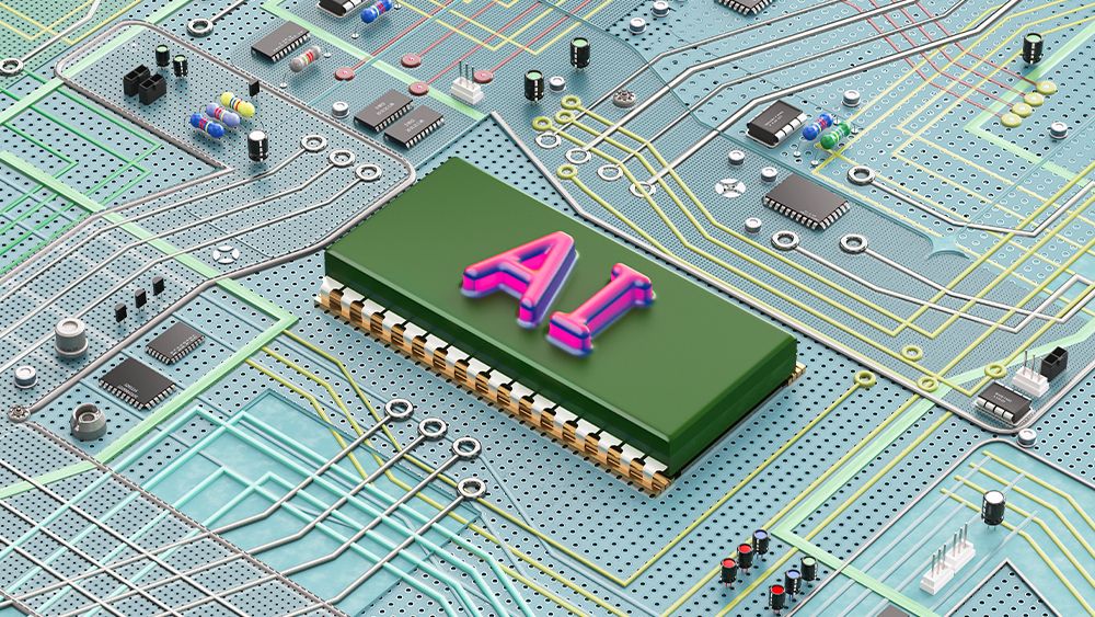 Image of a circuit board with text that reads AI