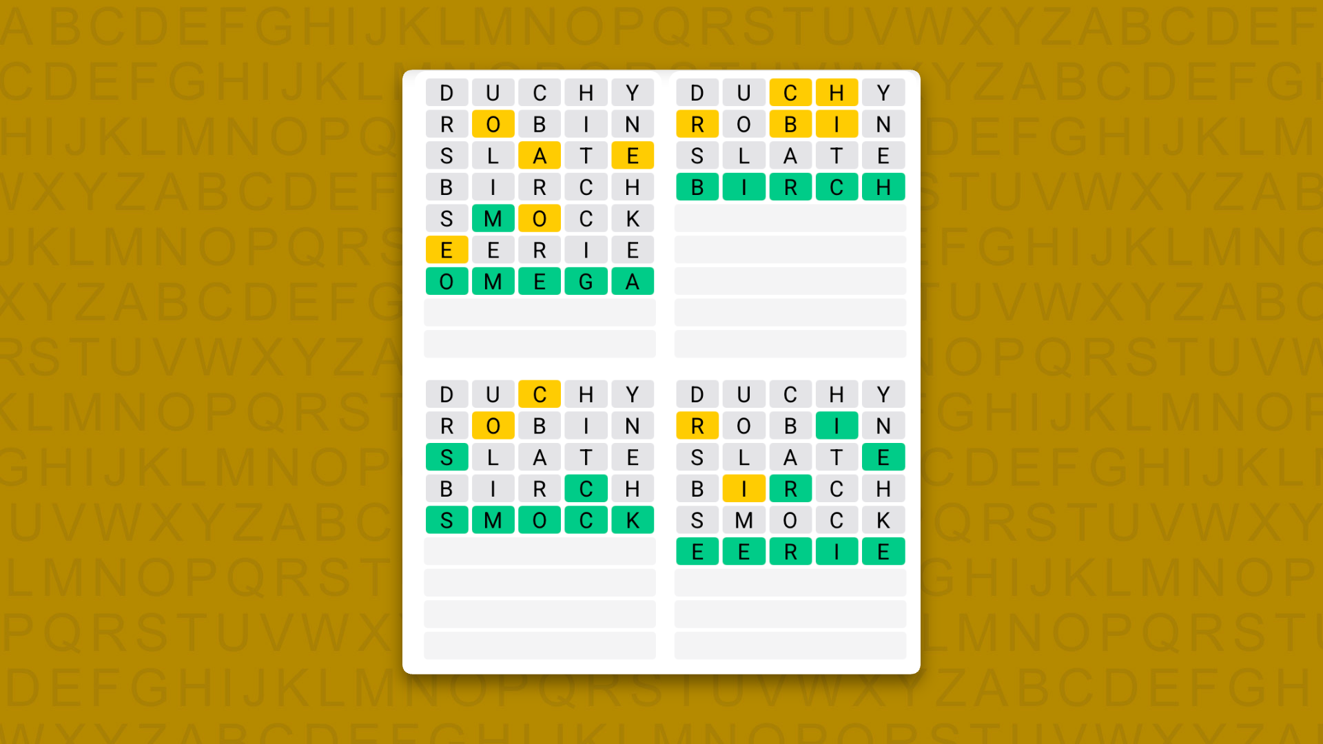 Quordle answers for game 1650 on a yellow background