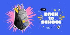 Back to school banner. Trending halftone collage style. Learning Concept. School backpack with stationery supplies