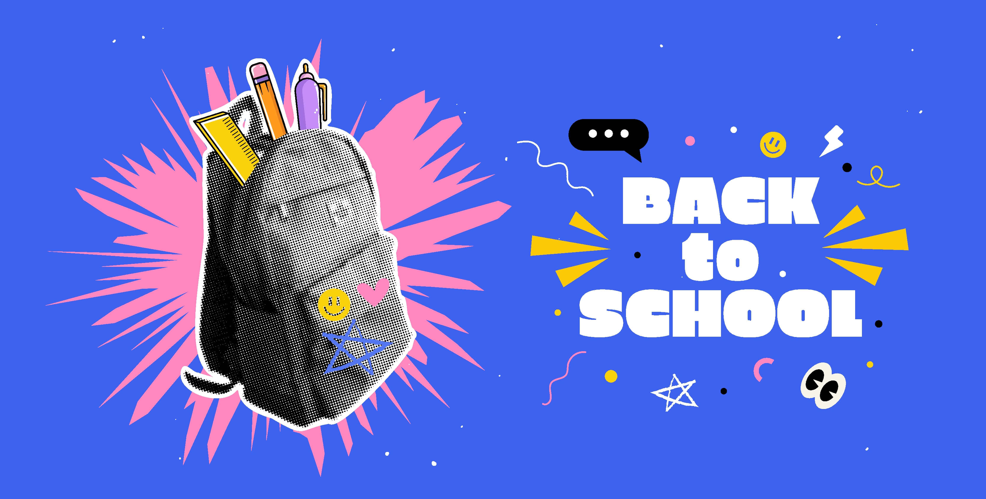 Back to school banner. Trending halftone collage style. Learning Concept. School backpack with stationery supplies