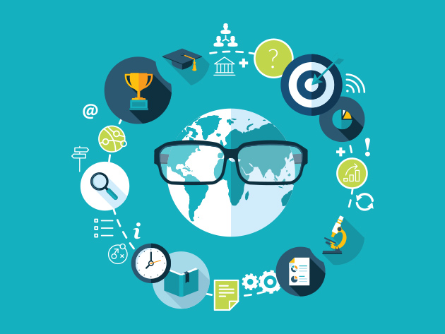 An icon of the world wearing a pair of glasses surrounded by icons of a trophy, a microscope and a target board