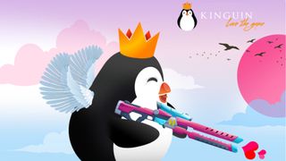 A promotional image for Kinguin with their Penguin mascot holding a gun shooting love hearts.