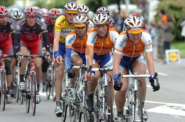 Rabobank controlled the peloton and monitored the break's gap.