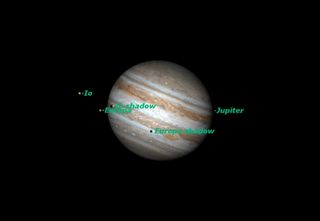 On the morning of Wed, May 25, 2011 the moons Io and Europa and their shadows will cross the face of Jupiter.