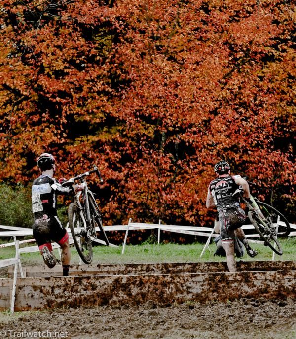 Justine Lindine and Jeremy Martin running the barriers.