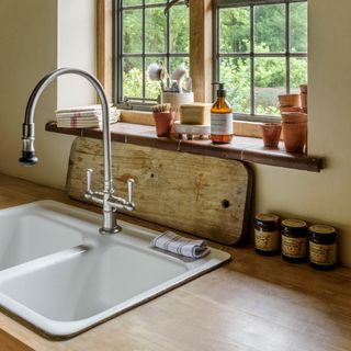 A kitchen sink in a rustic kitchen with eco-friendly dishwashing tools and products