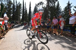 CAZORLA SPAIN AUGUST 24 Ben OConnor of Australia and Team Decathlon AG2R La Mondiale Red Leader Jersey competes in the chase group during the La Vuelta 79th Tour of Spain 2024 Stage 8 a159km stage from Ubeda to Cazorla 1056m UCIWT on August 24 2024 in Cazorla Spain Photo by Tim de WaeleGetty Images