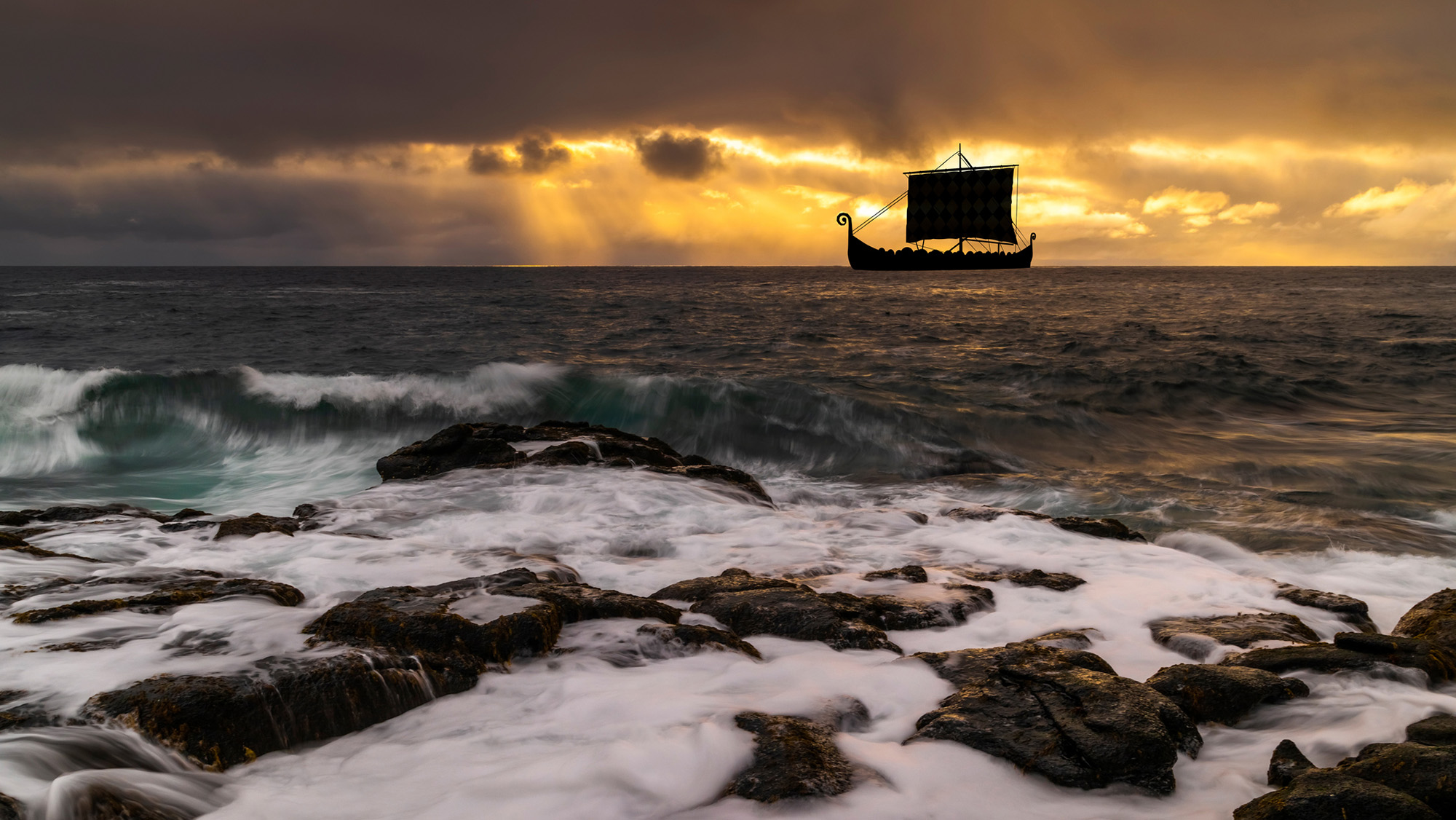 A silhouette of a Viking longship against the sea.
