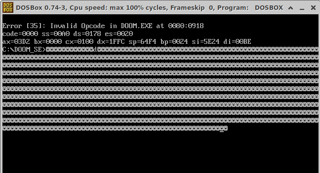 A screenshot of a more traditional DOOM crash in DOSBox.
