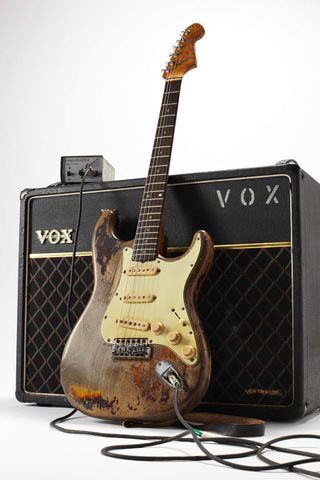 A 1961 Fender Stratocaster electric guitar, Vox AC30 amplifier and Rangemaster treble booster owned by the late Irish musician Rory Gallagher