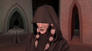 Image from the game Star Wars Knights of the Old Republic II: The Sith Lords. Close up of Kreia, a pale, older woman with dark lips and long white hair in 2 braids. She is wearing hooded black robes which cover the top half of her face.