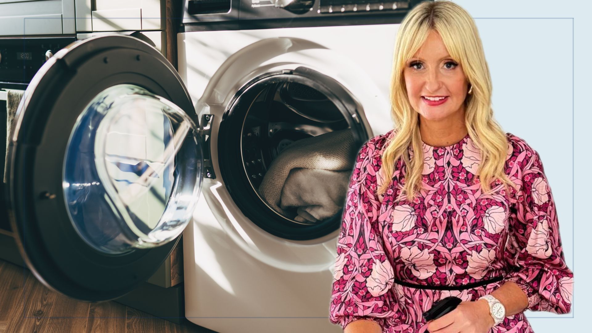  picture of washing machine open with cut out of lyndsey crombie over top