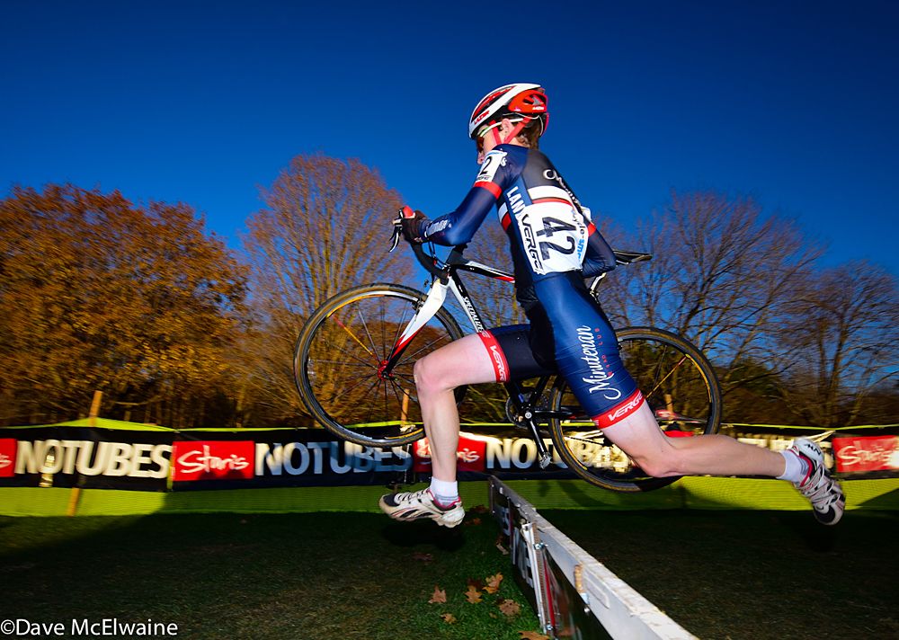 Patrick Collins (Minuteman) sprinting over the barriers with one lap remaining