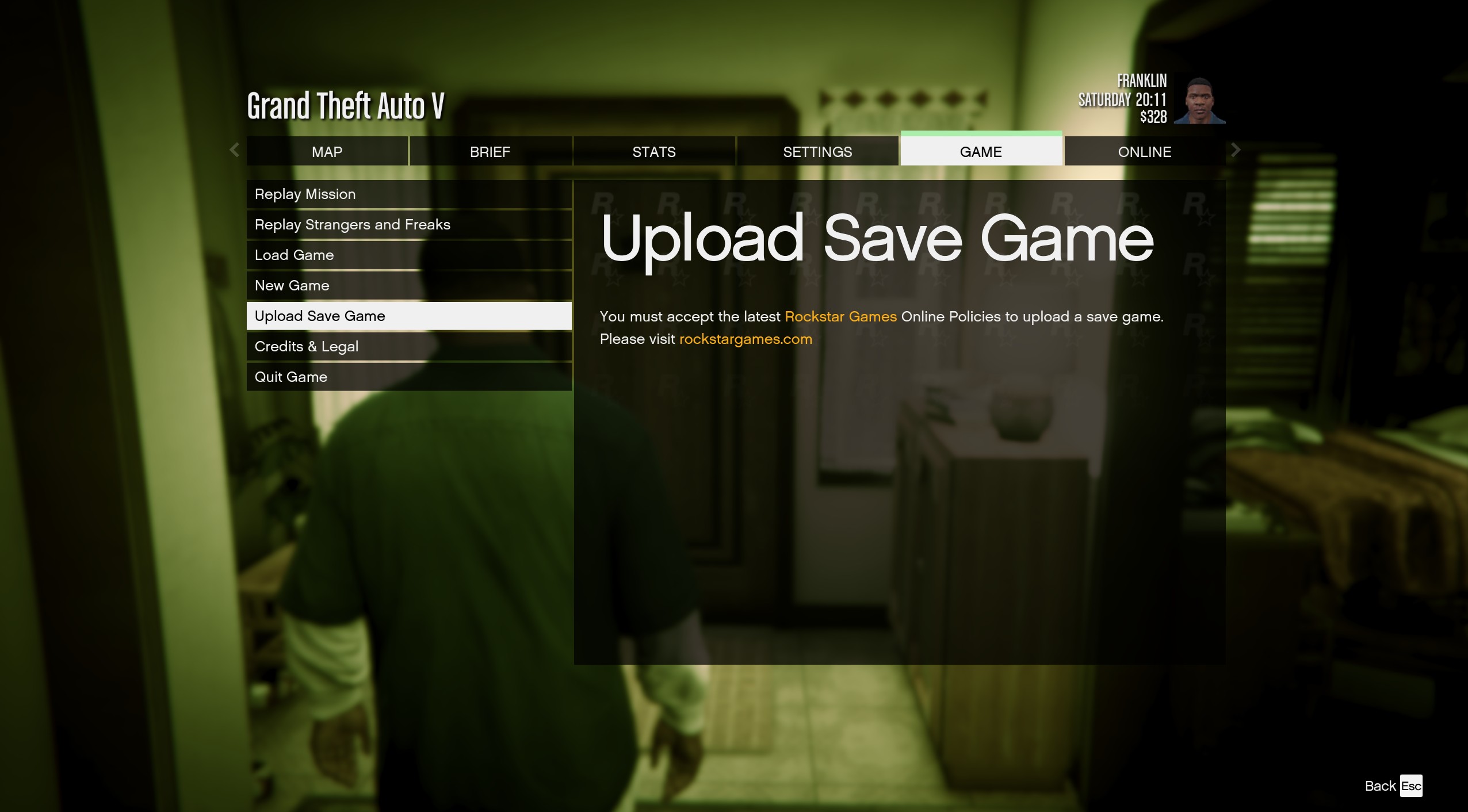 GTA 5 Legacy upload save file screen showing that you are required to agree to Rockstar's online policies first.