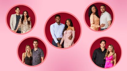 headshots of the five couples from the ultimatum season 2 on a pink background