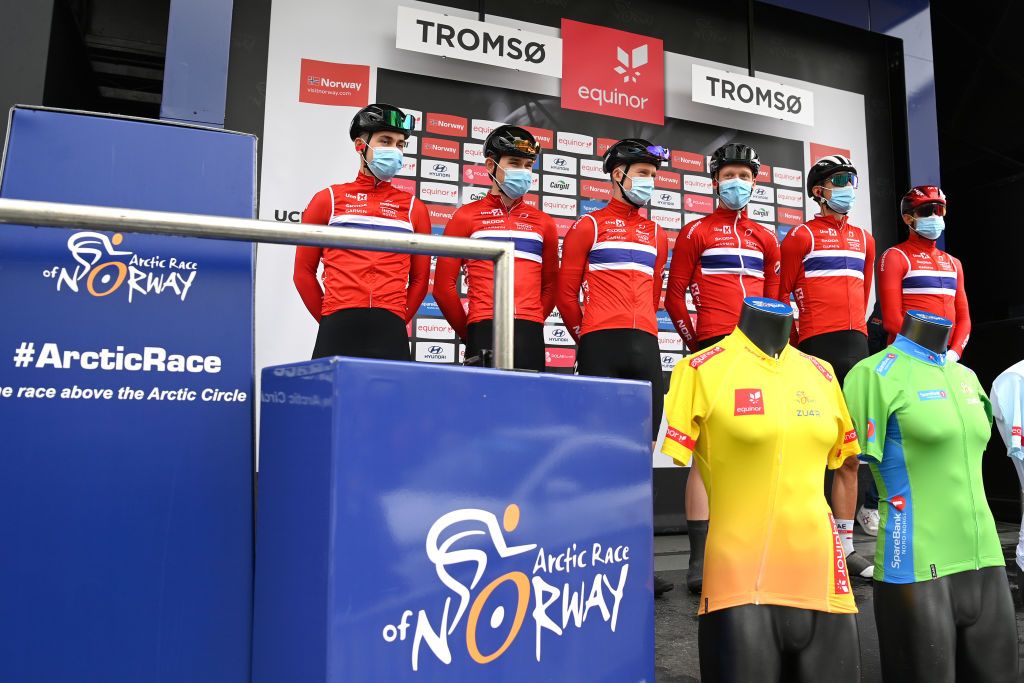 TROMSO NORWAY AUGUST 05 Erik Bystrom Sven of Norway Andre Drege of Norway Aspelund Holstad Ludvik of Norway Adne Holter of Norway Alexander Kristoff of Norway Andreas Leknessund of Norway and Team Norway during the 8th Arctic Race Of Norway 2021 Stage 1 a 1425km stage from Troms to Troms ArcticRace on August 05 2021 in Tromso Norway Photo by Stuart FranklinGetty Images