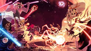 Monsters fighting a knight in a dungeon