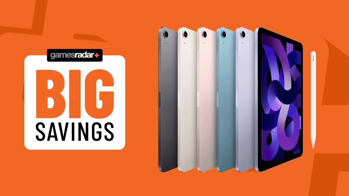 iPad Air on an orange background with big savings badge