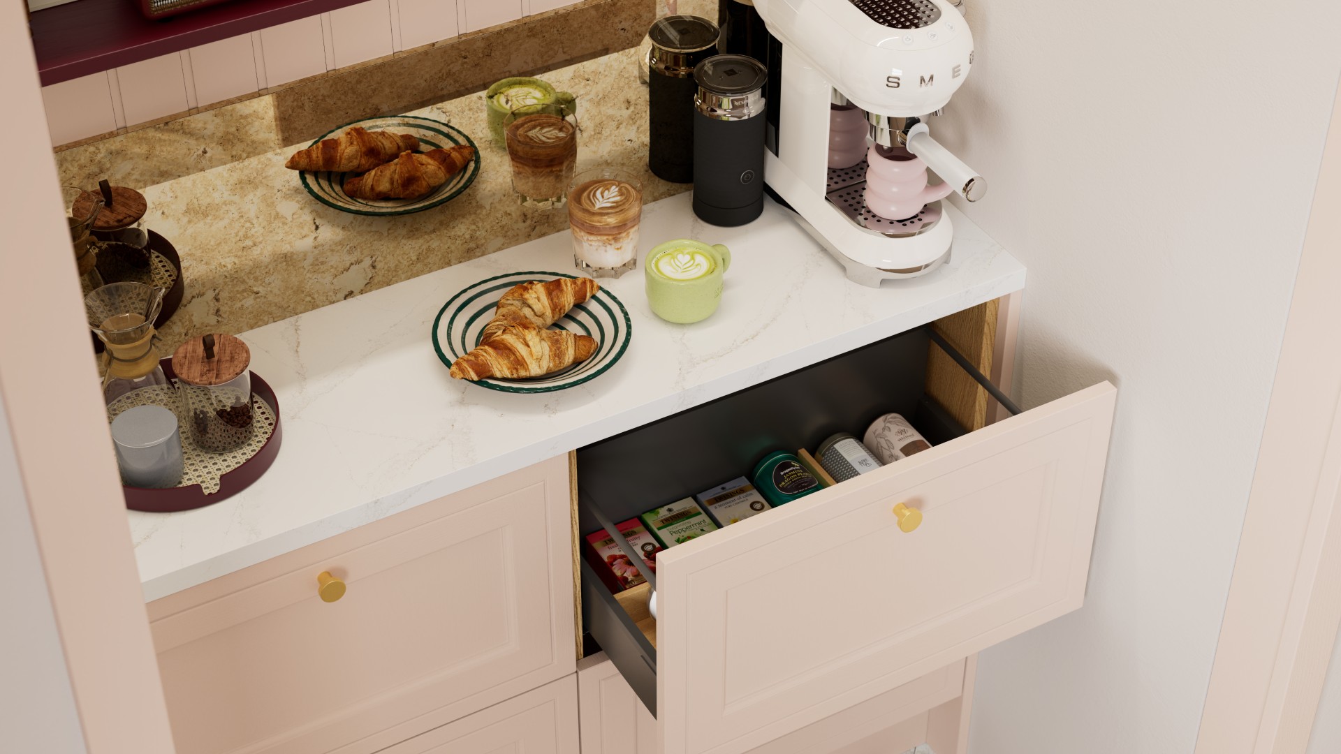 Pink kitchen counter with a Smeg coffee machine and coffee station filled with drinks snacks and coffee granules