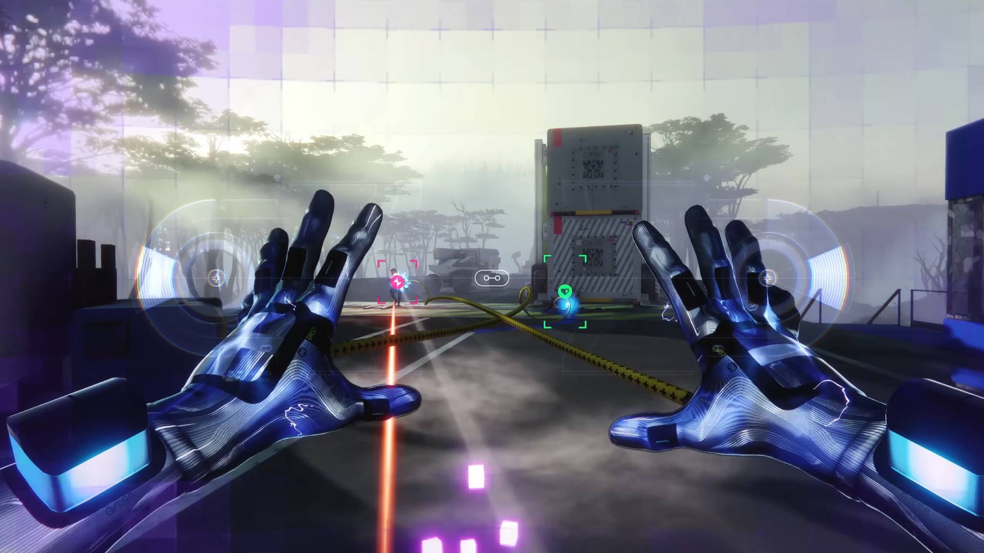 Marathon characters Triage runner shell with capacitive gauntlets raised and firing, one hitting an enemy, one hitting and reviving an ally